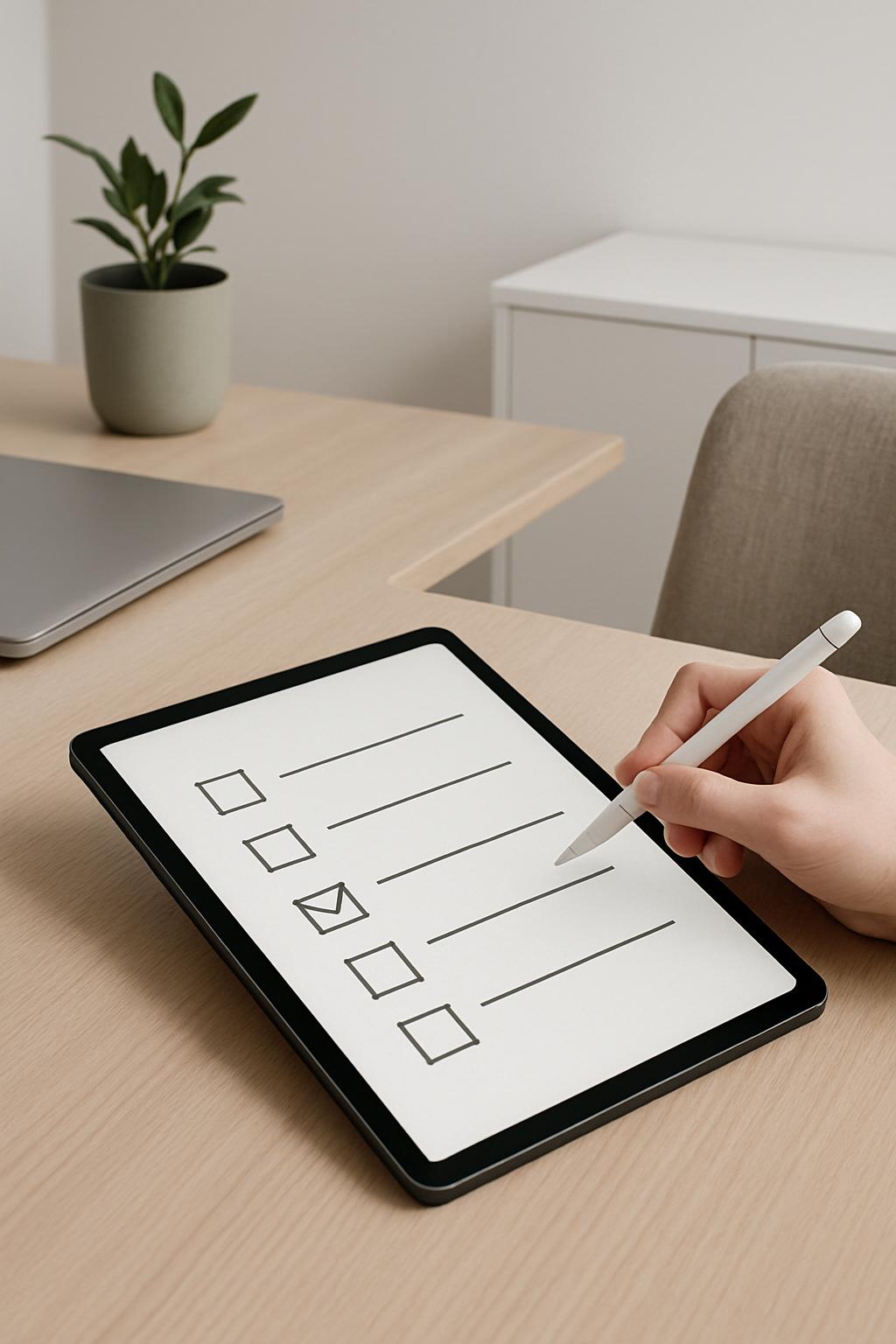 Selecting checkbox on digital pad with stylus. Tablet sits on a desk with a laptop, potted plant and cupboard in the backg...