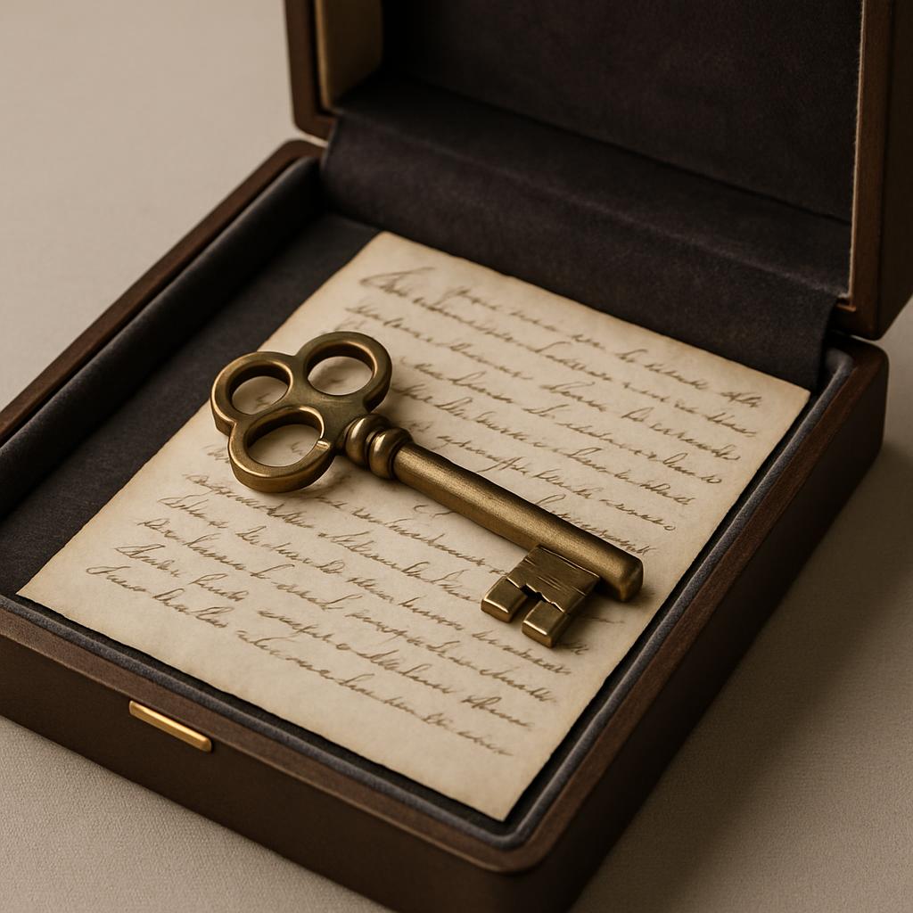 A small, untitled image of an ornate key in a woman's ear. There are no other characteristics present, no context. - Two s...