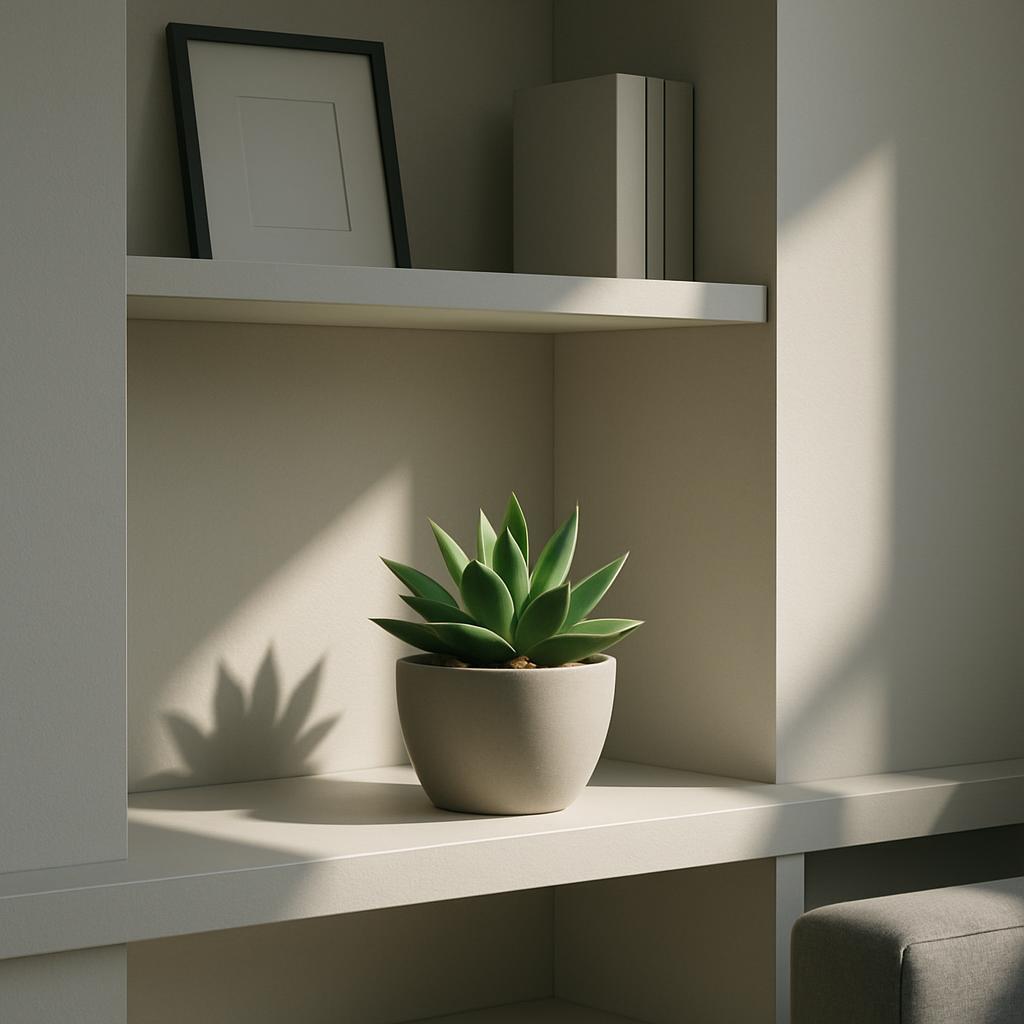 A white shelving unit with a plant and picture frame. The plant is in a gray pot.