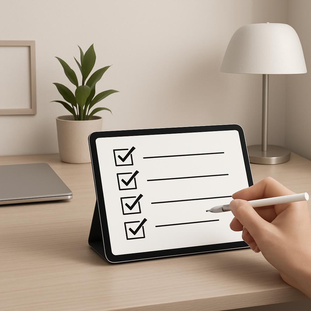 Tablet on a desk with a checklist on a table cover, drawing with a pen.