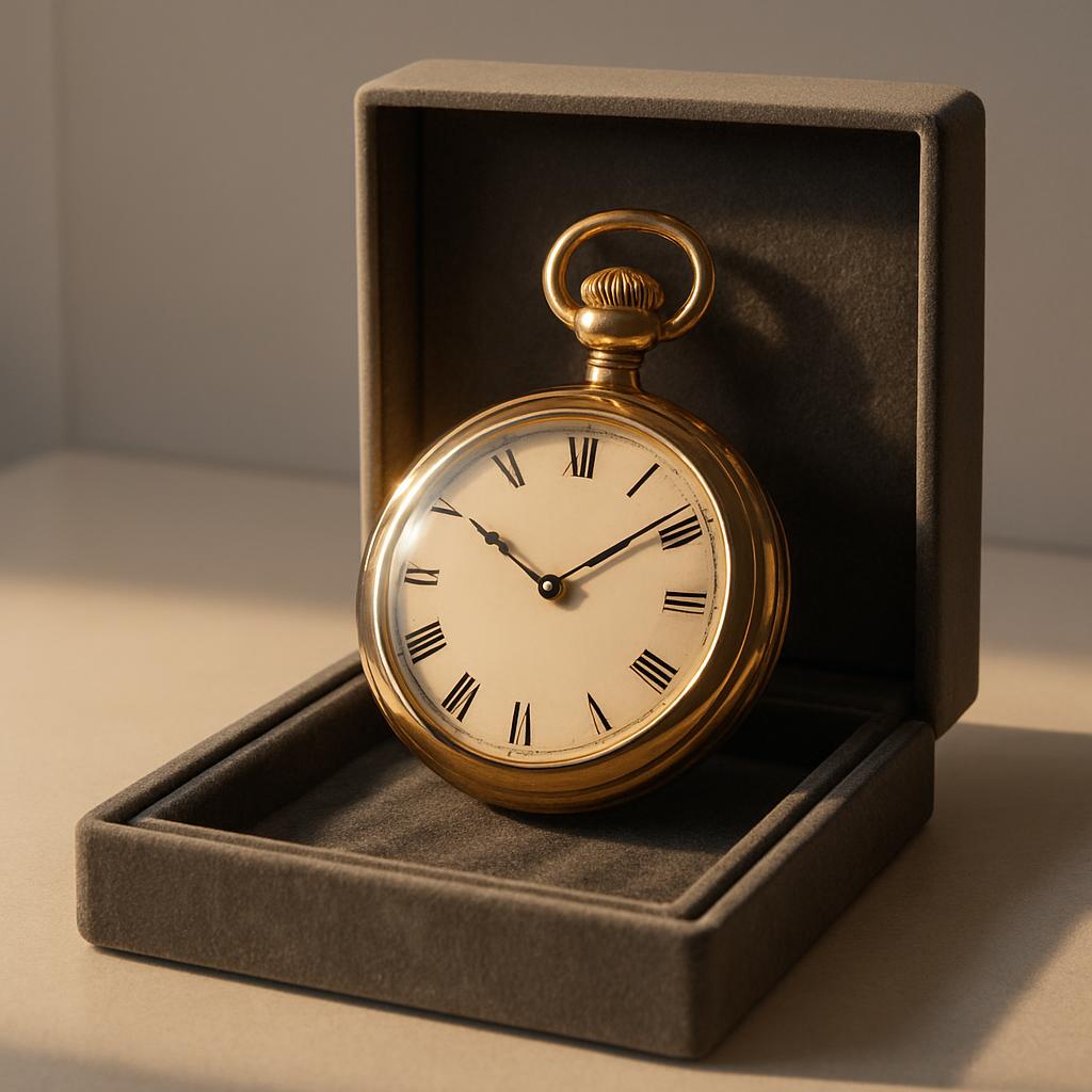 A gold pocket watch with a cream-colored face and black Roman numerals, displayed in a velvet-covered box.
