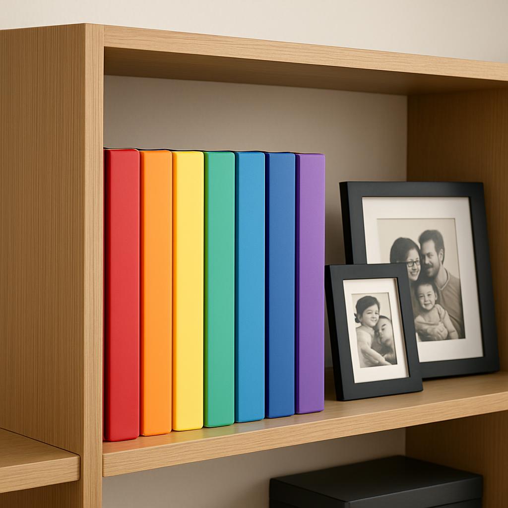 A collection of seven books or book-like objects in a rainbow of colors, displayed in two rows on a shelf. The books or ob...